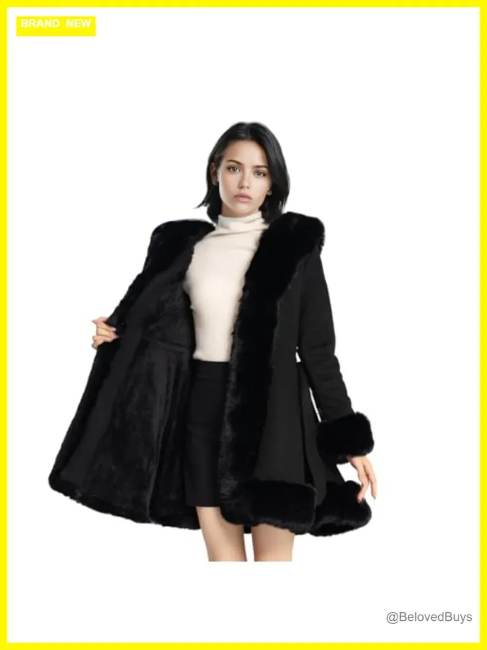 Faux Fur Leather Peplum Parka Coat with Belt for Women, Winter Long Sleeve,
